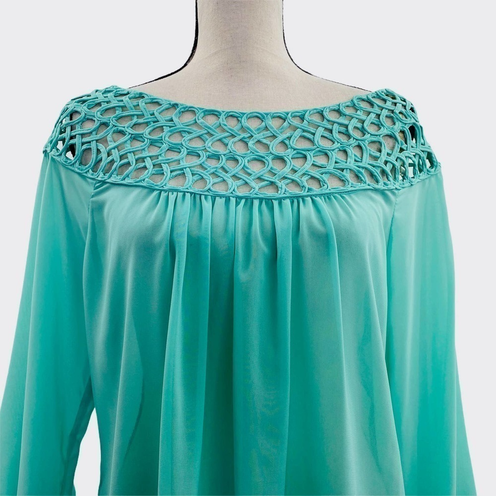UMGEE Chiffon Crochet Turquoise Blouse Size Large - Picture 11 of 11